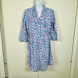 Boo Gemes Womens Purple Teal Leopard Print Cotton Pintuck Shirt Dress M